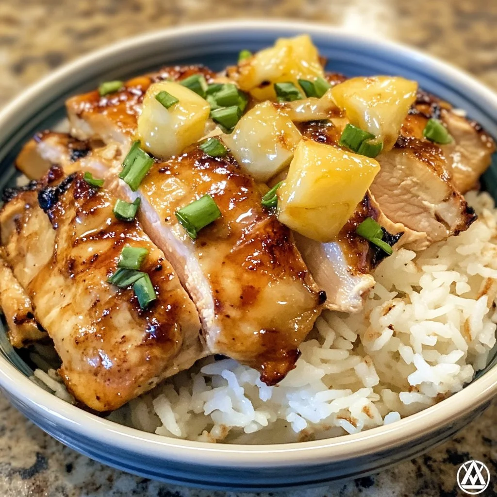 Delicious Island Glazed Chicken served with coconut rice for a tropical meal