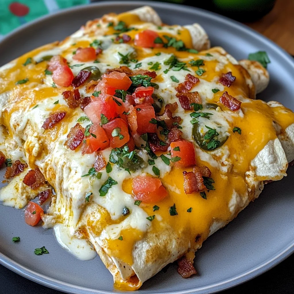 Jalapeño Popper Cheesy Chicken Enchiladas topped with cheese and jalapeños