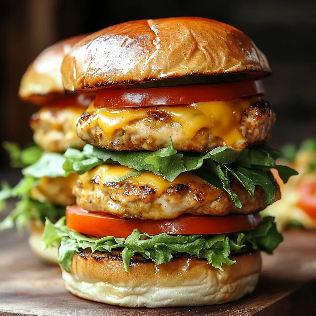 Juicy ground chicken smash burgers sizzling on the grill.