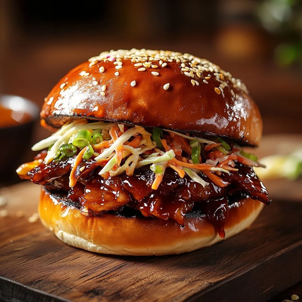 Delicious Korean BBQ Burger with juicy beef patty and savory toppings