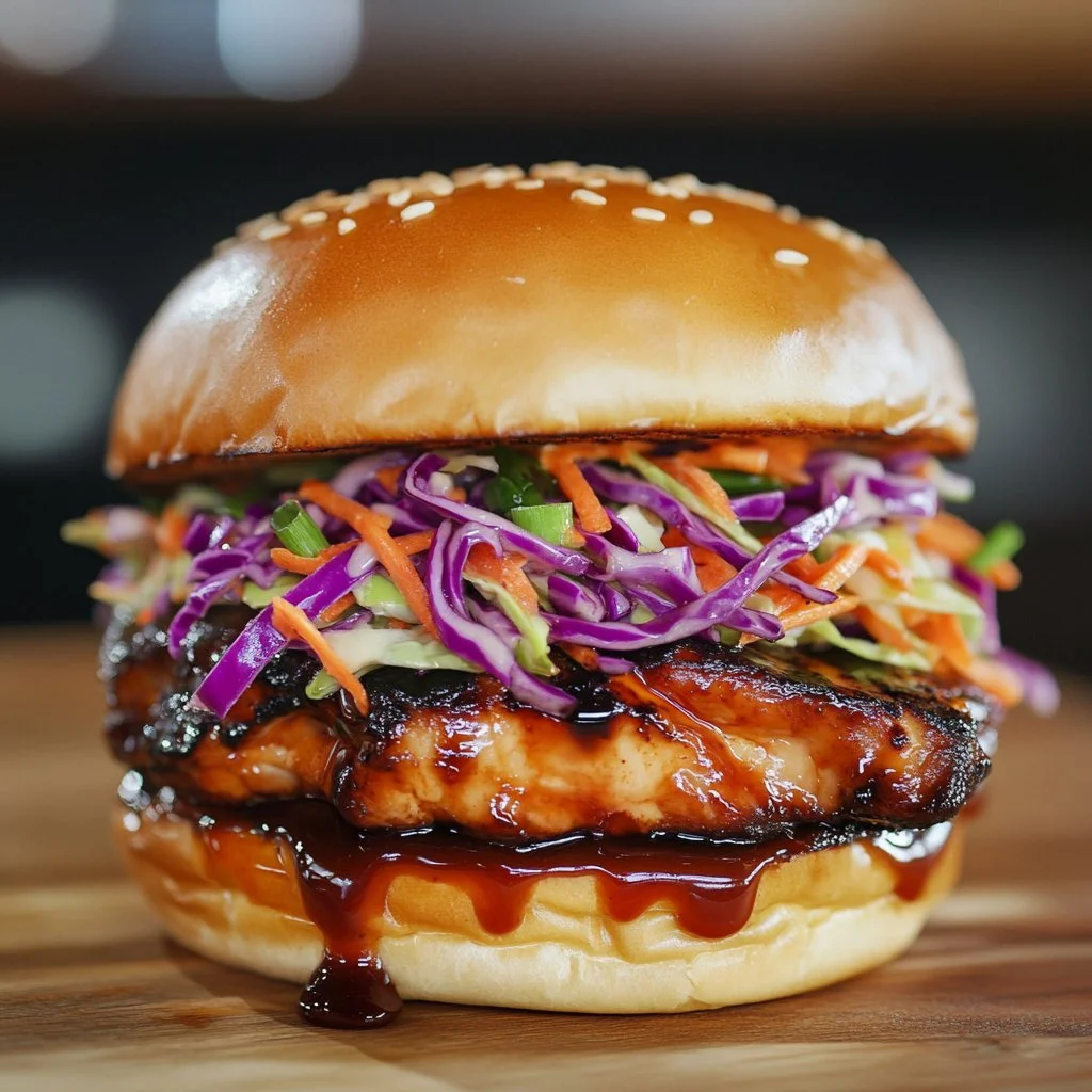 Korean BBQ Chicken Sandwich with fresh vegetables and sesame seeds