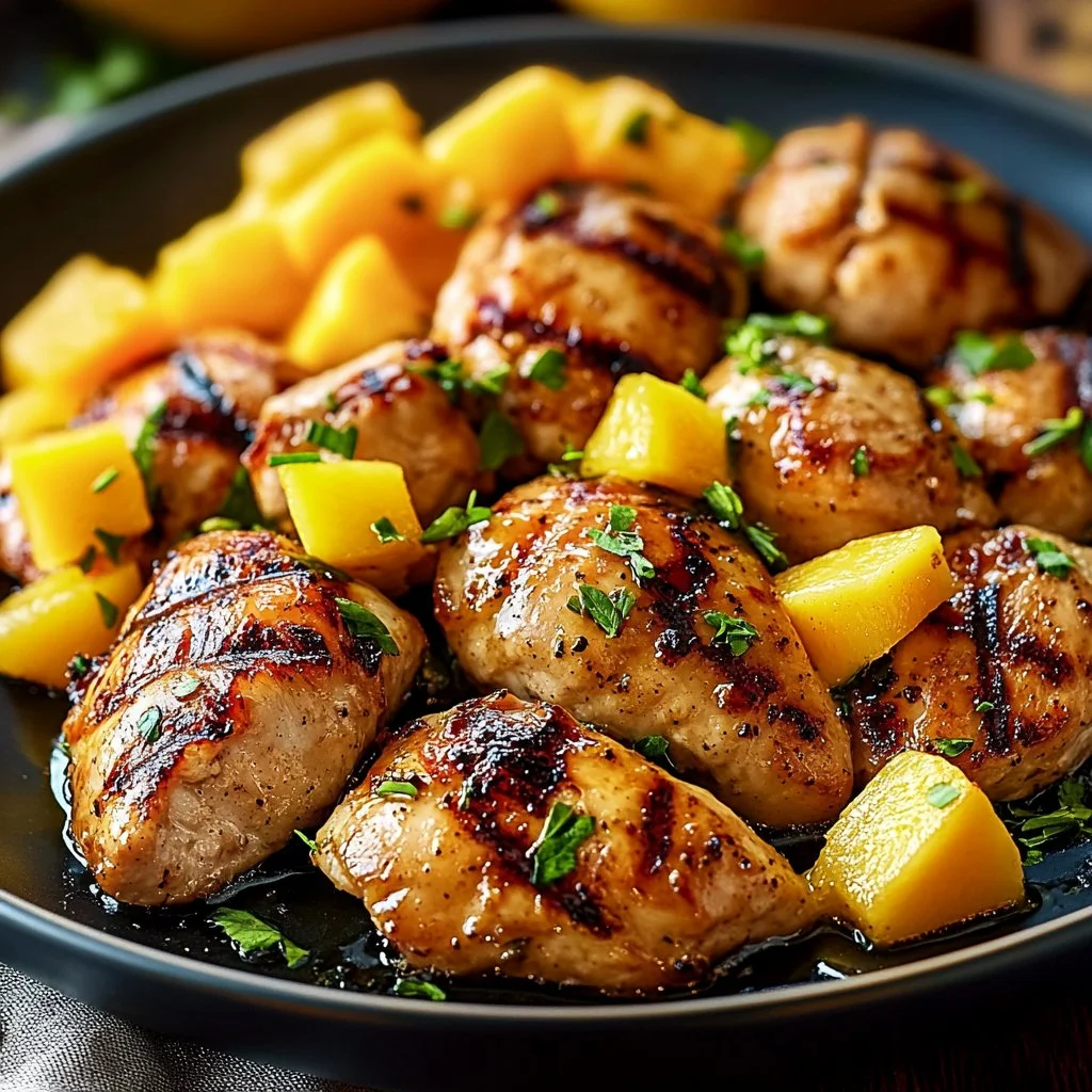 Lemon Ginger Chicken served with Pineapple Mango Salsa on a plate