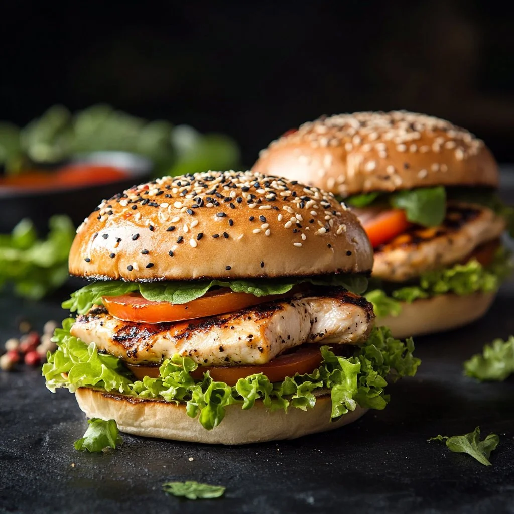 Delicious marinated grilled chicken sandwich with fresh ingredients