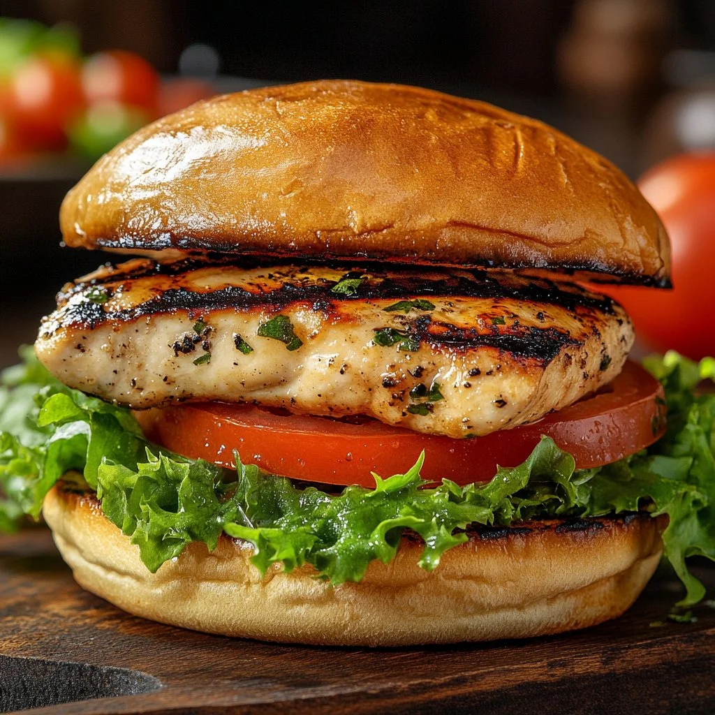 Marinated grilled chicken sandwich served with fresh lettuce and tomatoes