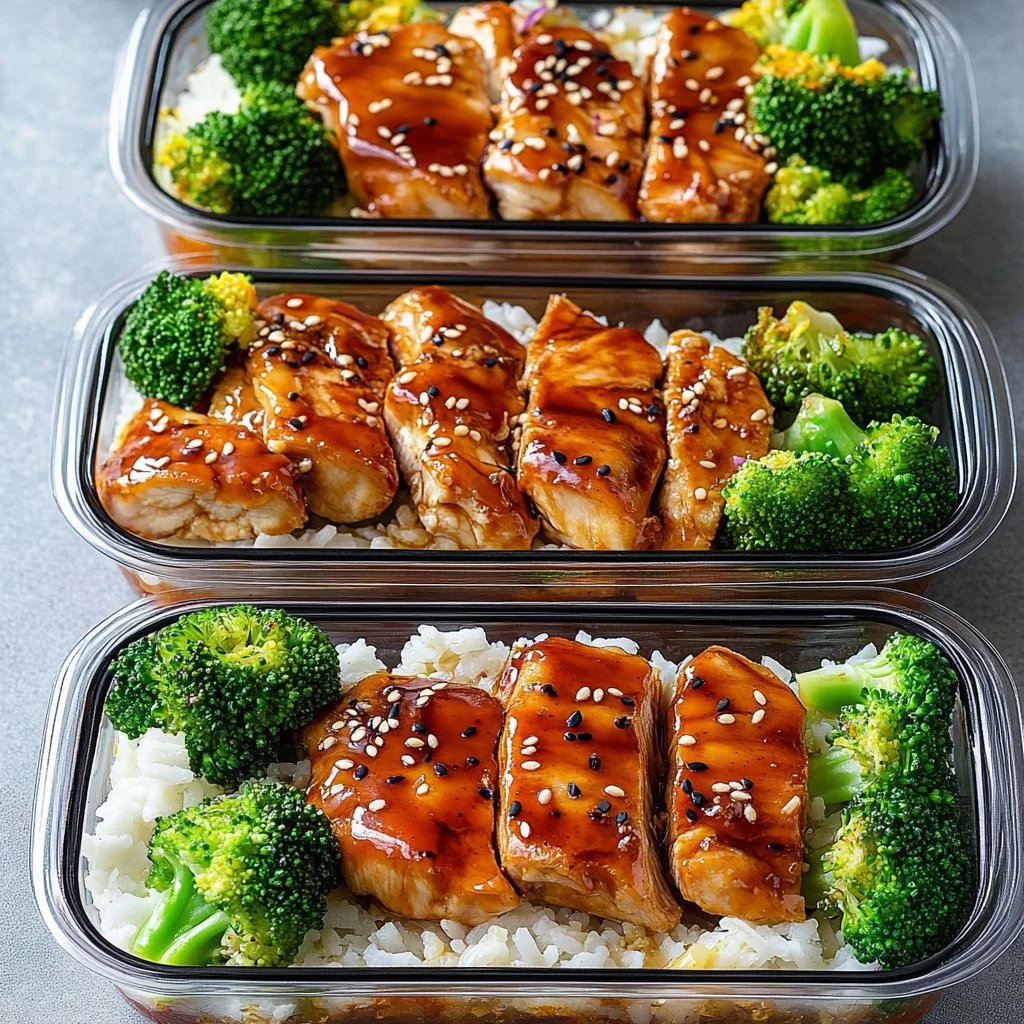 Meal prep teriyaki chicken bowl with vegetables and rice