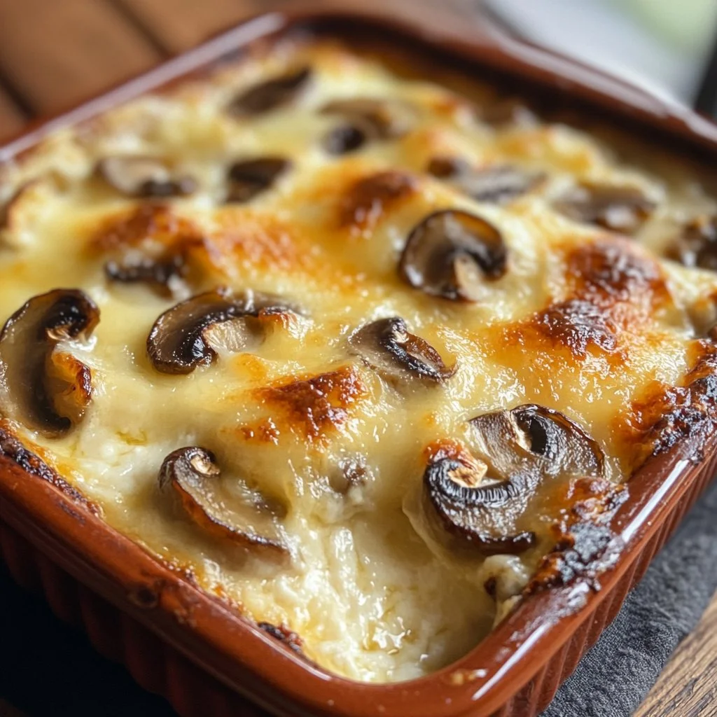 Mushroom Swiss Burger Casserole topped with melted cheese and fresh mushrooms