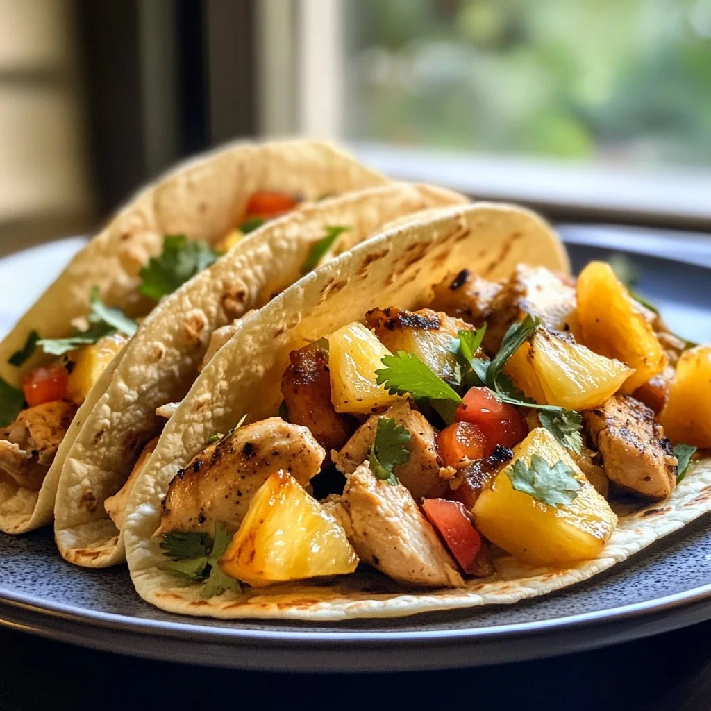 One Pan Chicken and Pineapple Tacos on a plate garnished with fresh cilantro