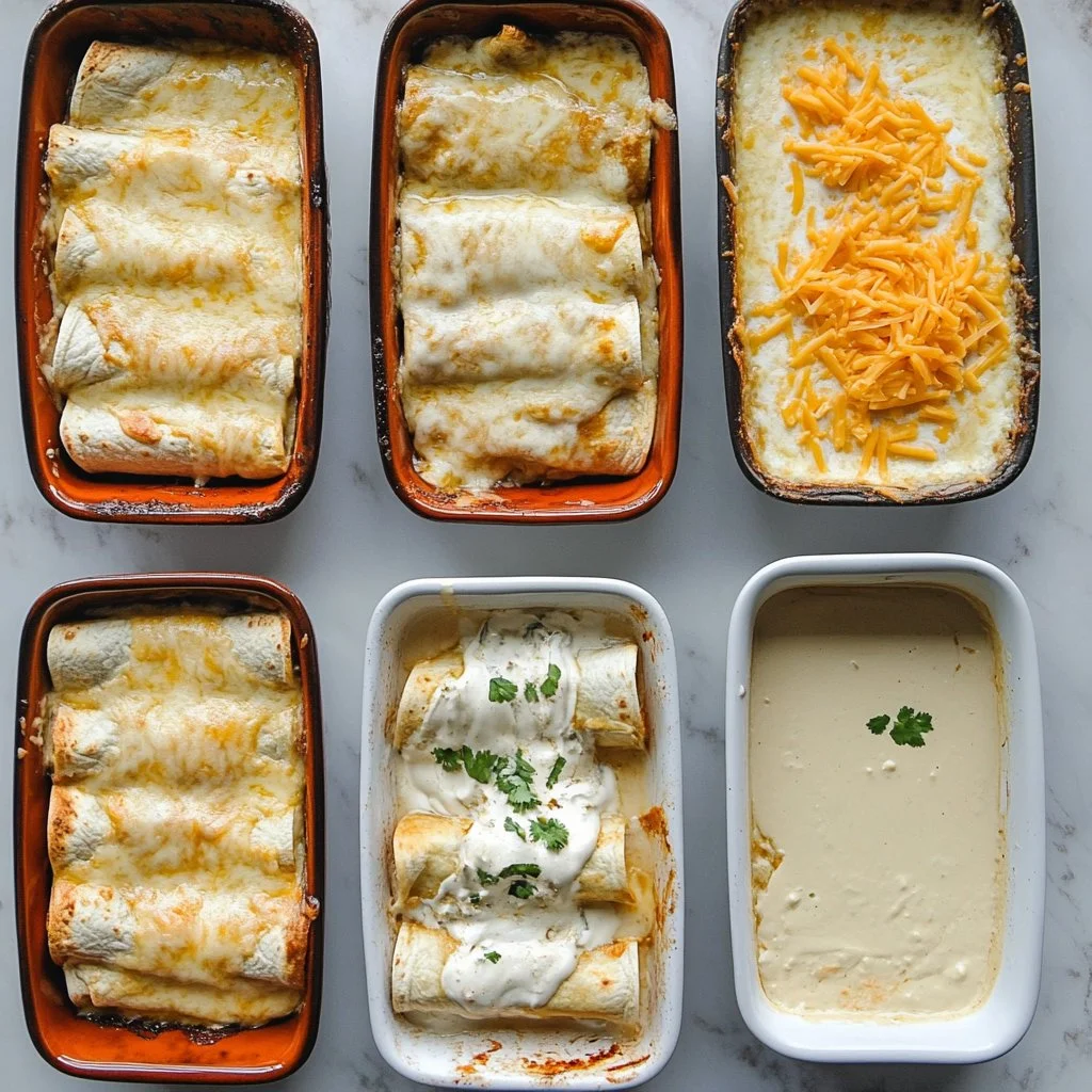 Oven baked chicken enchiladas topped with cheese and herbs ready to serve