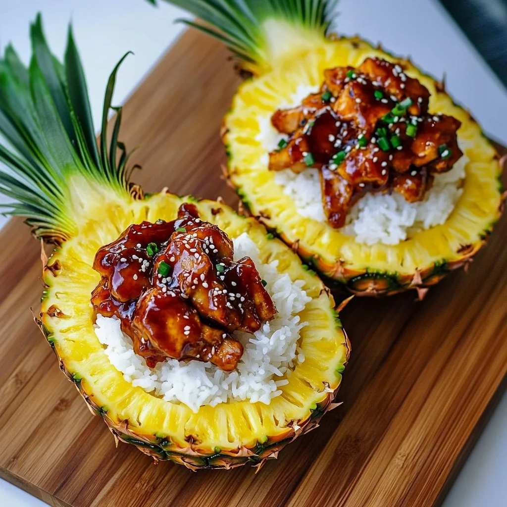 Pineapple boats filled with teriyaki chicken garnished with green onions