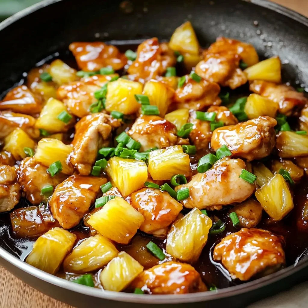 Delicious Pineapple Chicken served with bell peppers and rice.