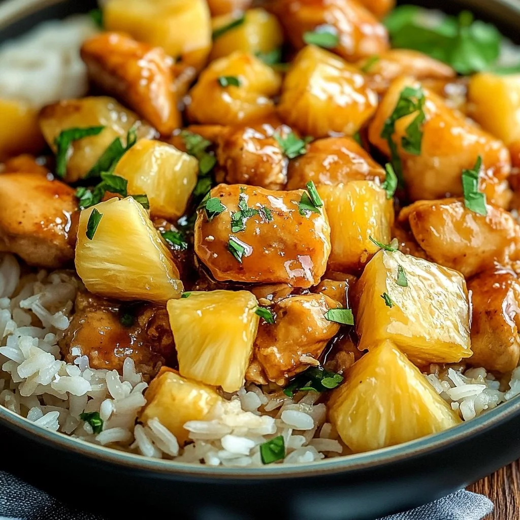 Plate of pineapple chicken served with rice and garnished with herbs