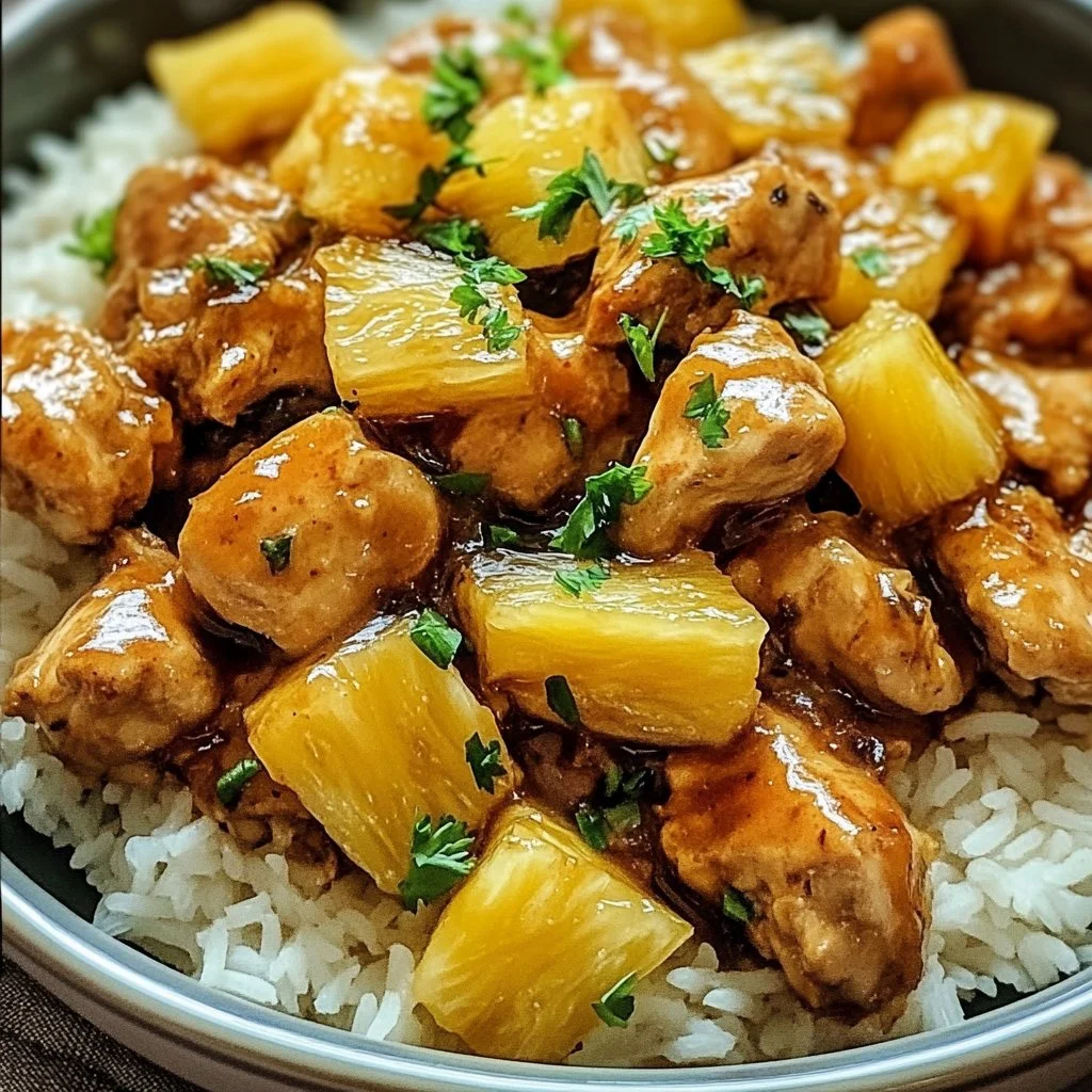 Delicious pineapple chicken served with rice in a vibrant dish