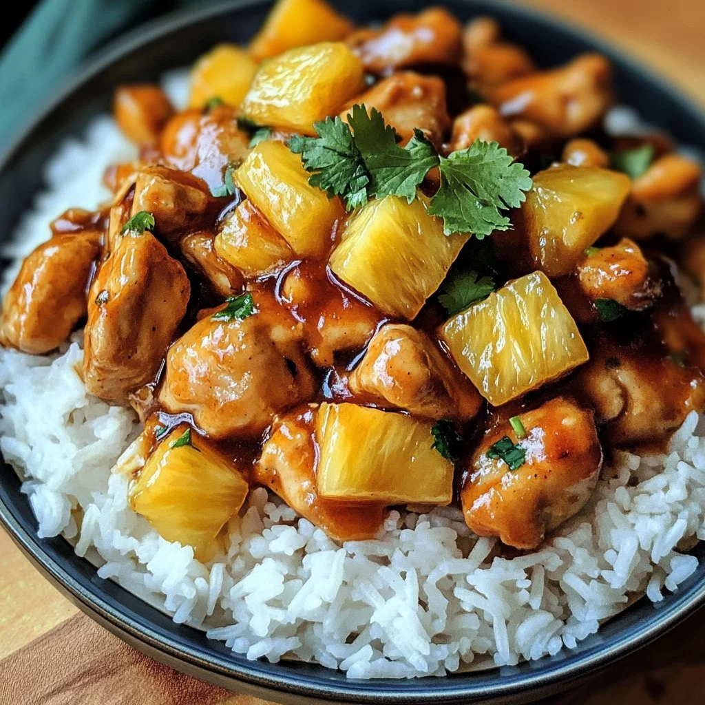 A vibrant Pineapple Chicken and Rice dish with colorful vegetables and juicy pineapple.