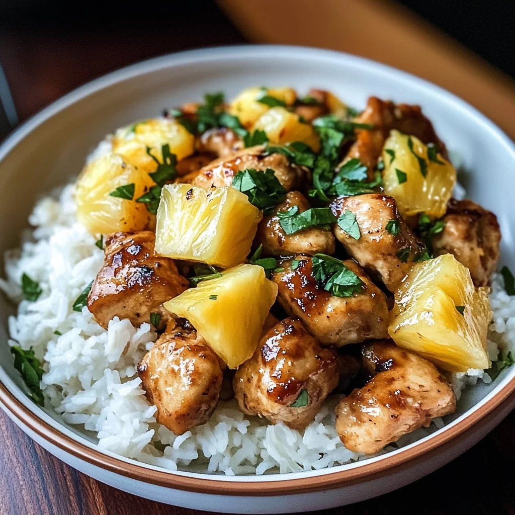 Delicious Pineapple Chicken served with rice on a plate