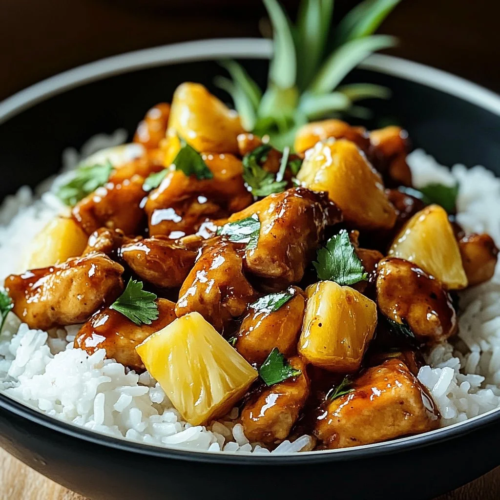 Plate of Pineapple Chicken served with rice and colorful vegetables