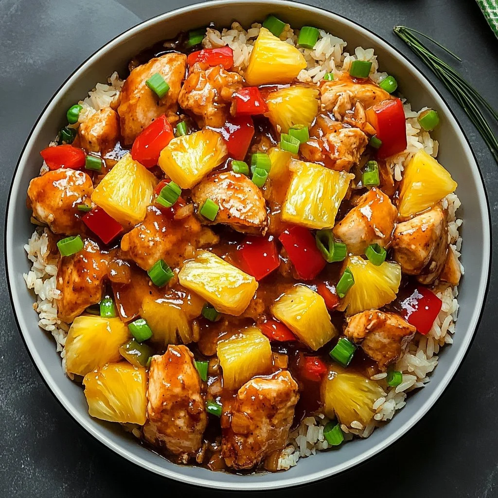 Pineapple chicken served with rice and garnished with fresh vegetables