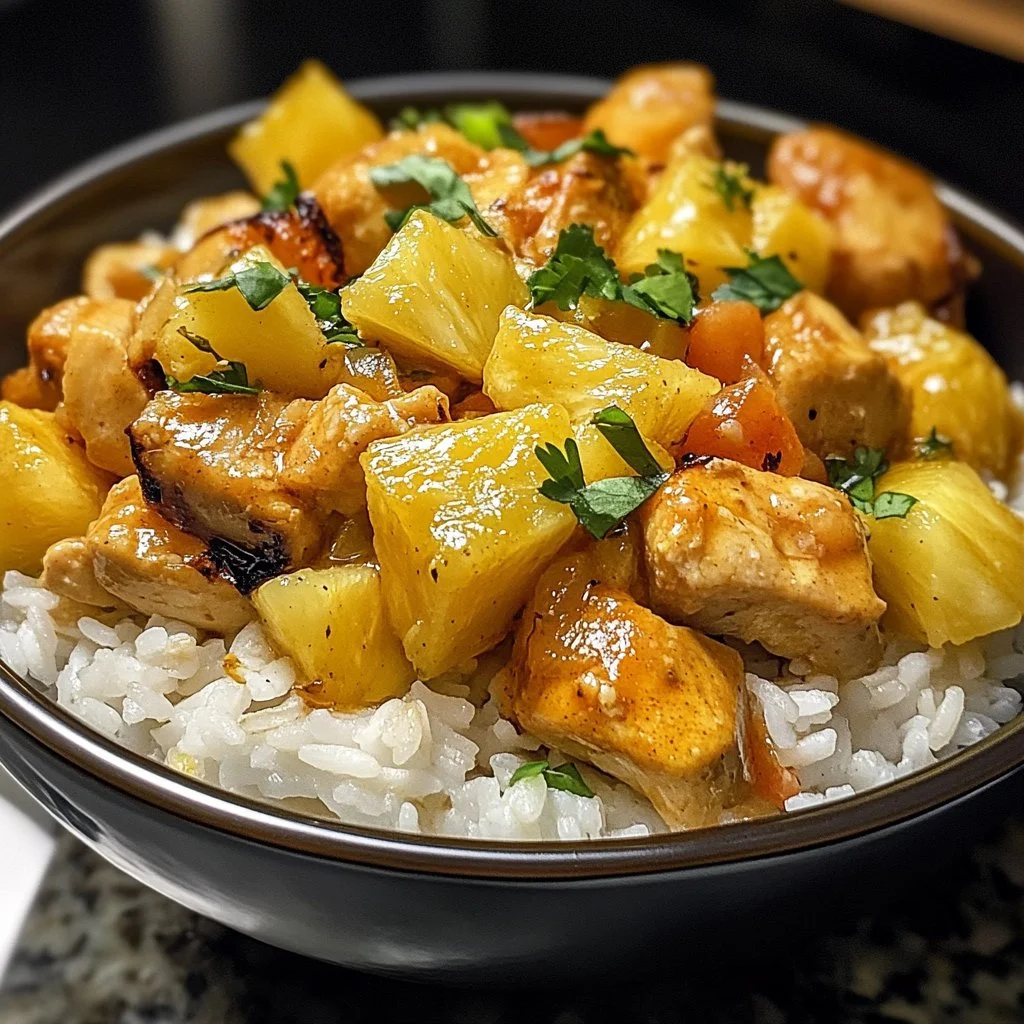 Tasty pineapple chicken served with fluffy rice in a vibrant dish