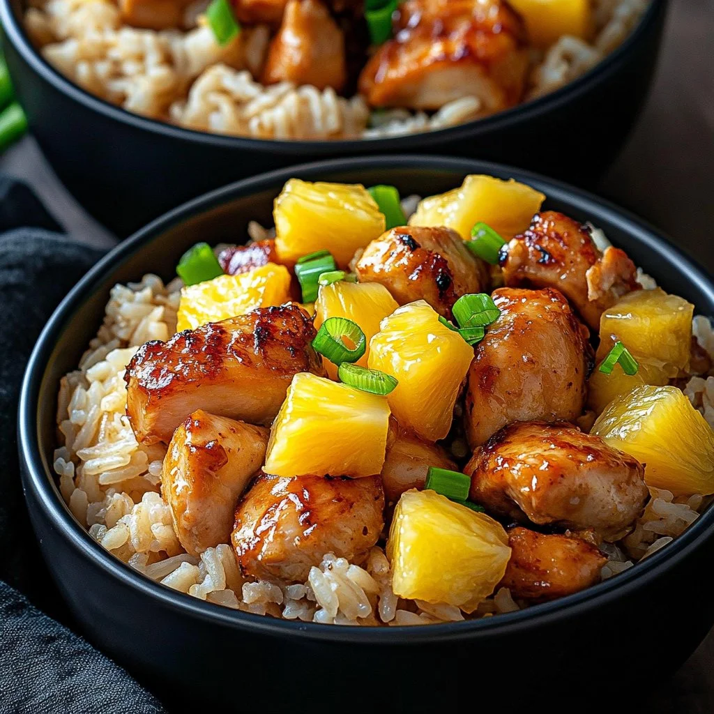 Delicious Pineapple Chicken served with rice, garnished with fresh herbs.