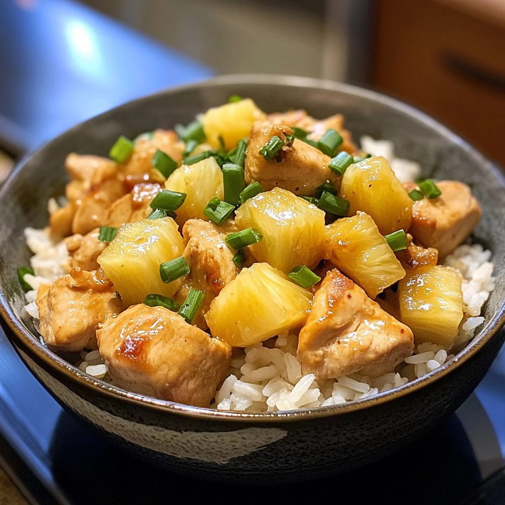 Delicious Pineapple Chicken served with rice on a plate