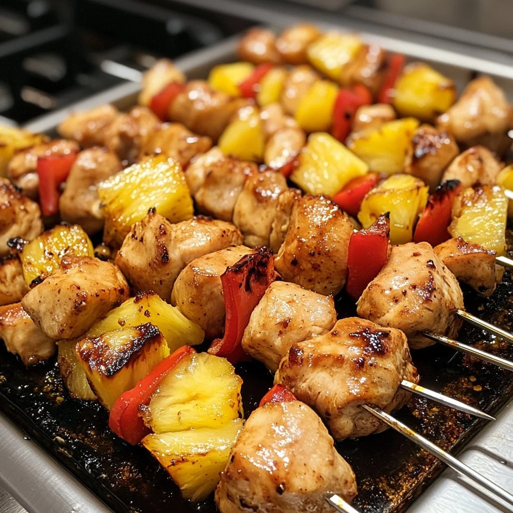 Grilled pineapple chicken kabobs with colorful vegetables on skewers