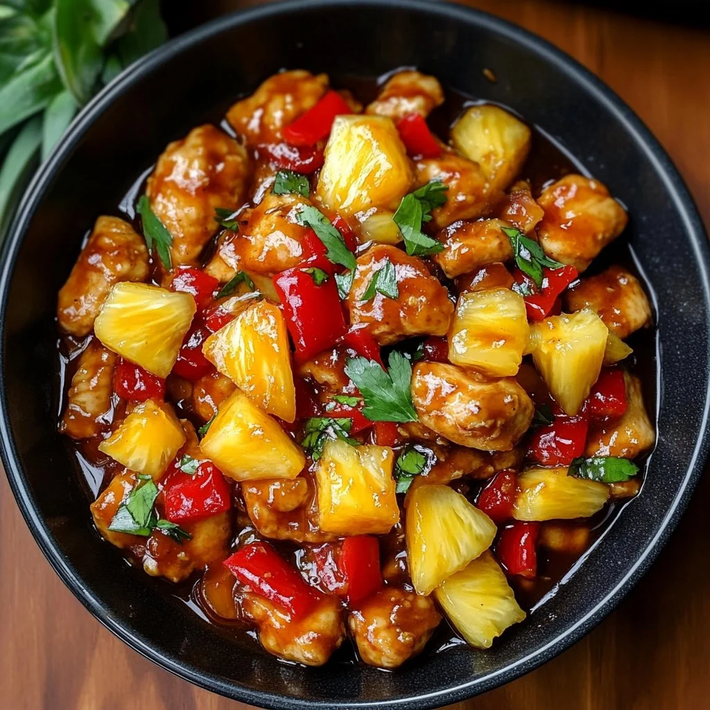Tasty Pineapple Chicken dish served on a plate with fresh pineapples and vegetables.