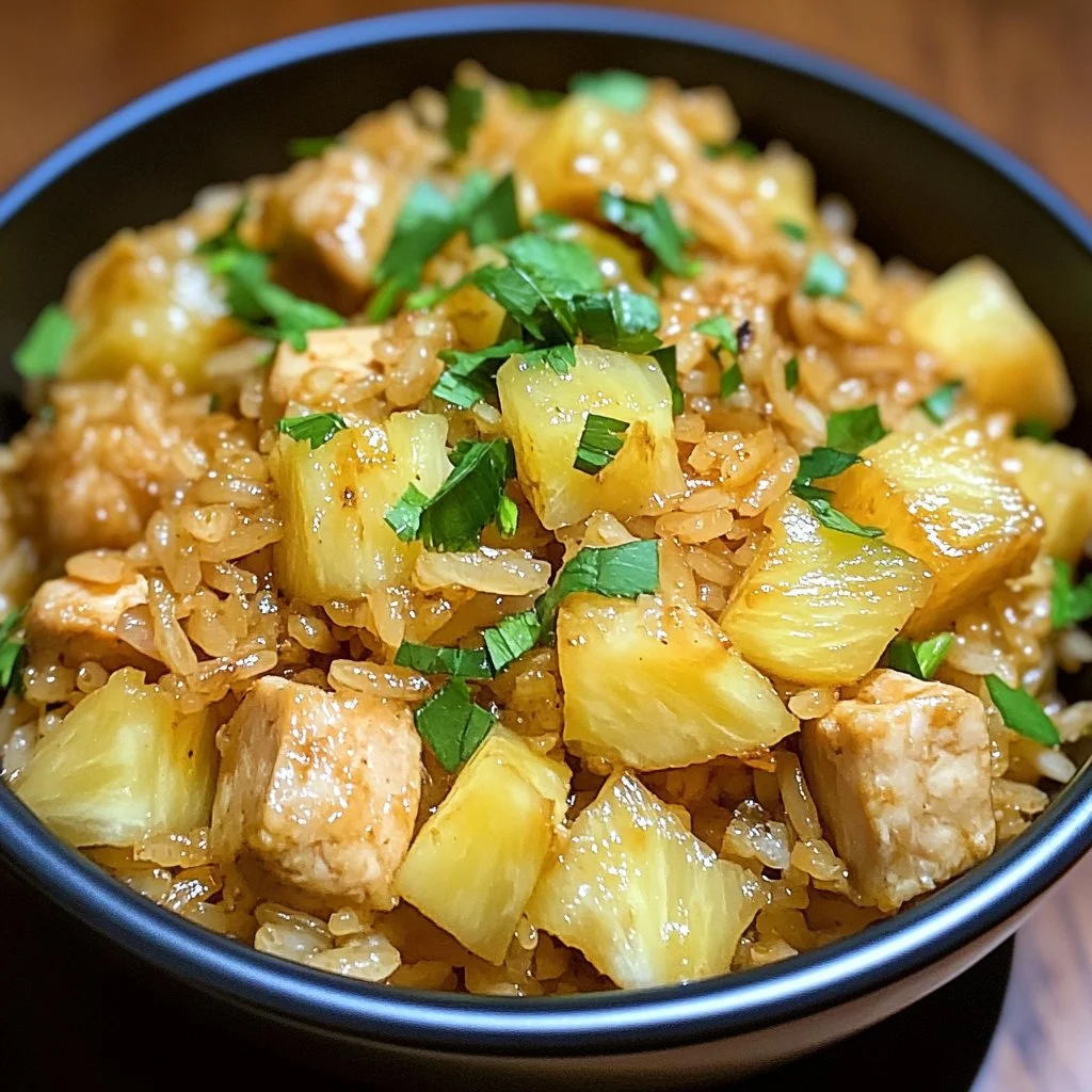 Delicious bowl of Pineapple Chicken Rice garnished with fresh cilantro