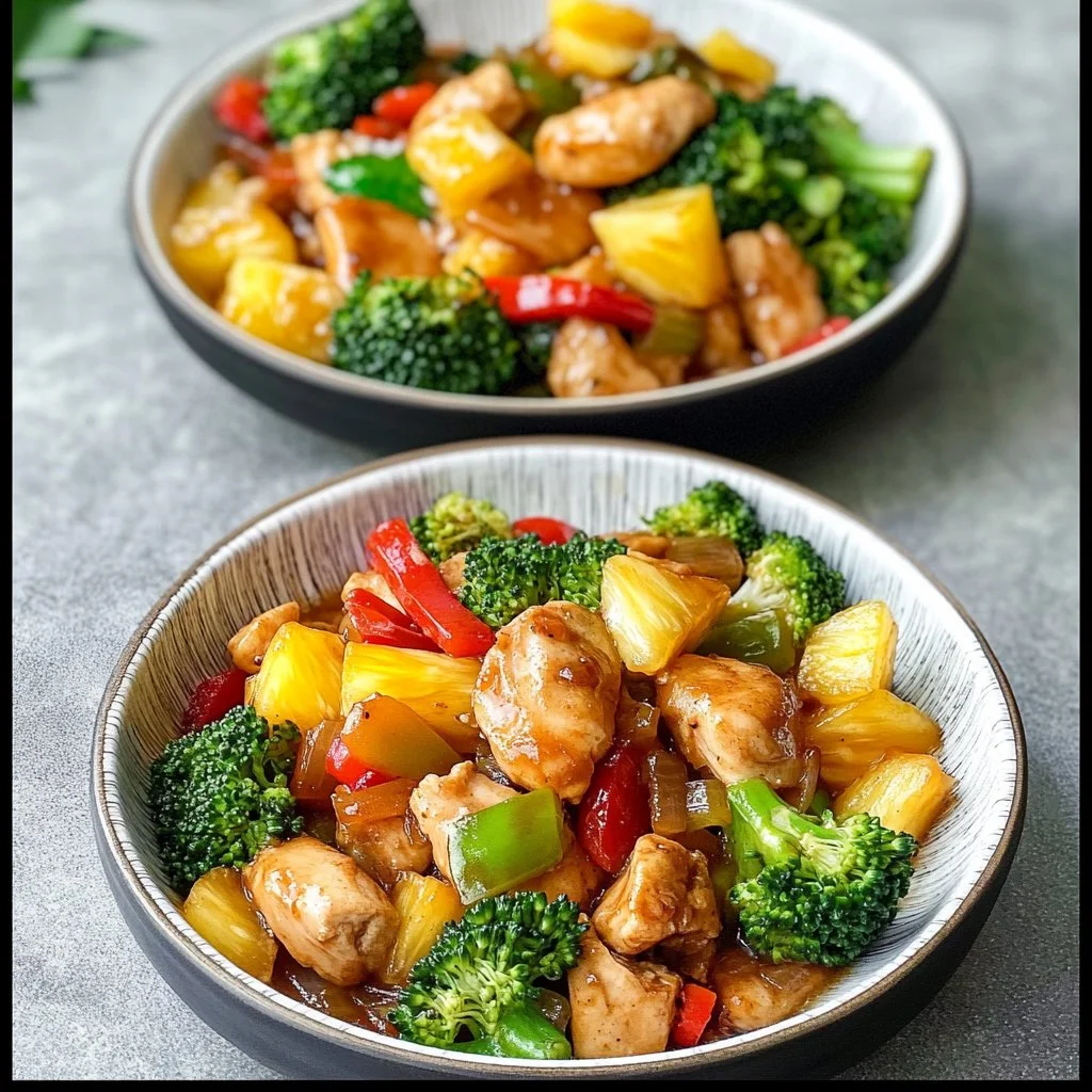 Tasty pineapple chicken stir fry with colorful vegetables and juicy pineapple.