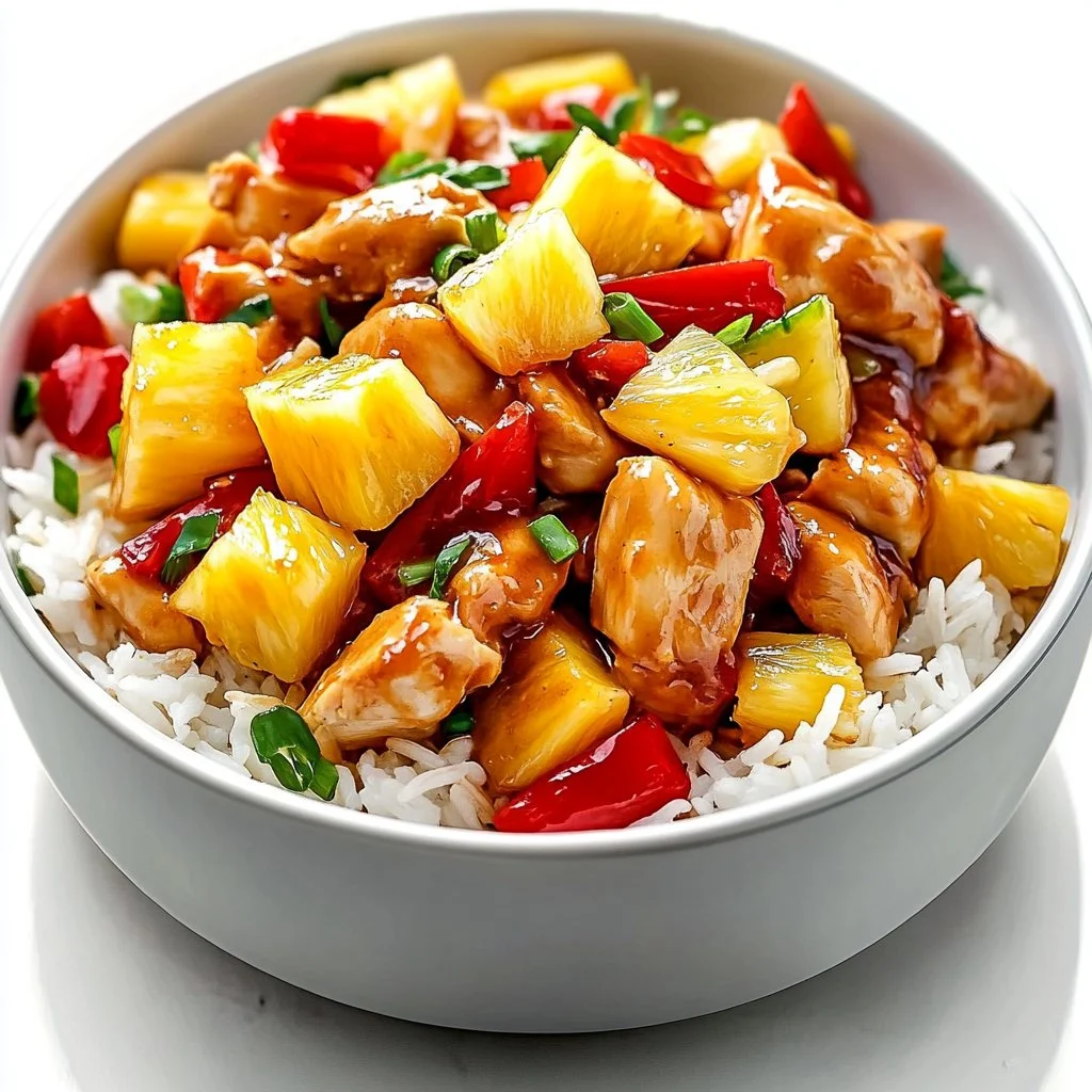 Colorful pineapple chicken stir-fry with vegetables in a skillet