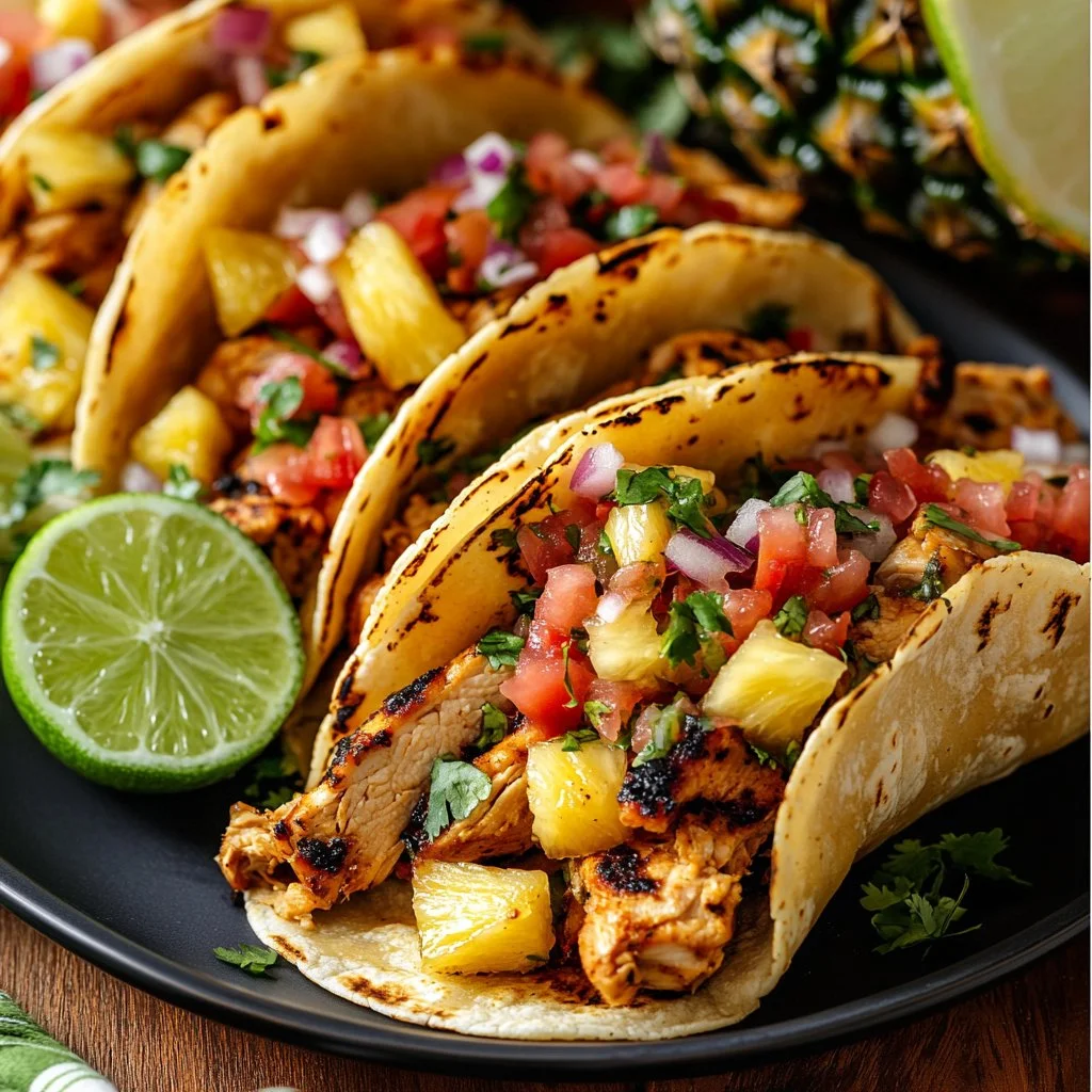 Delicious pineapple chicken tacos served with fresh toppings