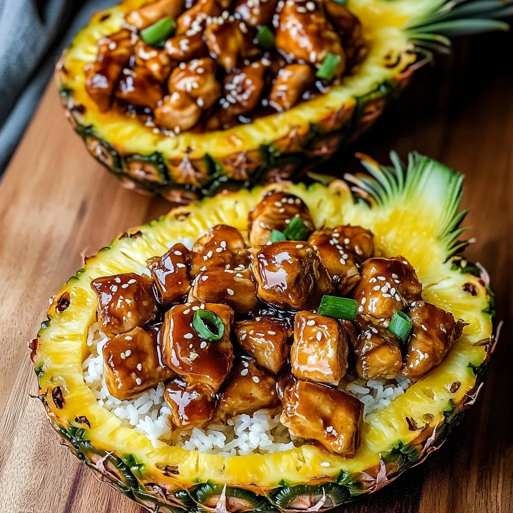 Pineapple Chicken served with fluffy rice on a colorful plate
