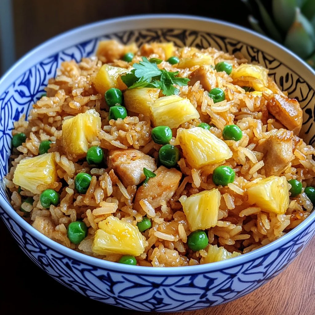 Delicious Pineapple Fried Rice served in a pineapple shell.
