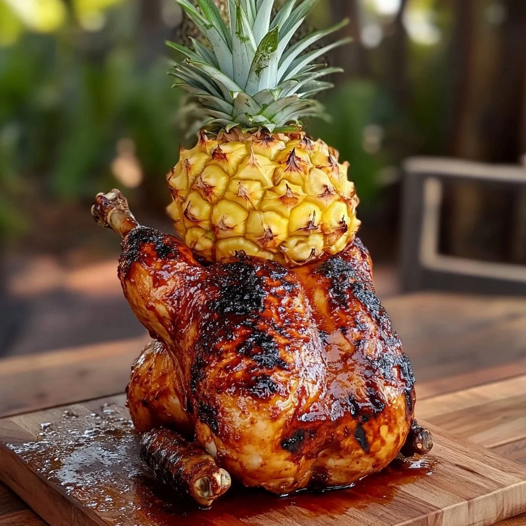 Pineapple Roasted Chicken garnished with fresh pineapple slices on a platter
