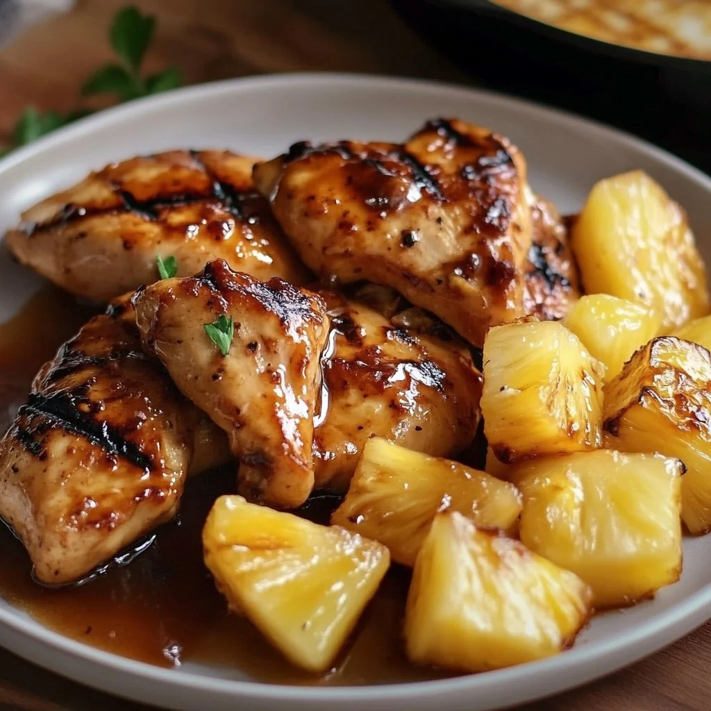 Pineapple Teriyaki Chicken Fillet served on a plate with garnishes