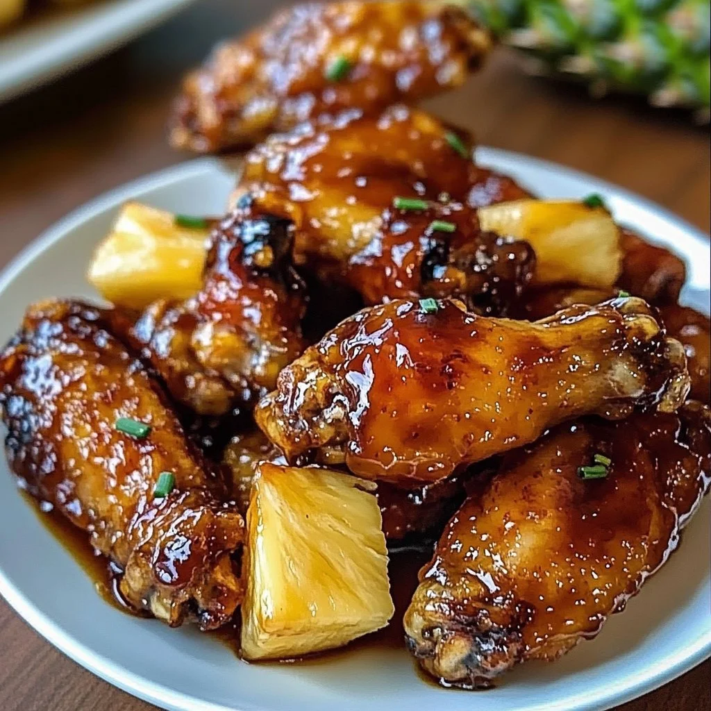 Pineapple-teriyaki chicken wings garnished with sesame seeds and green onions.