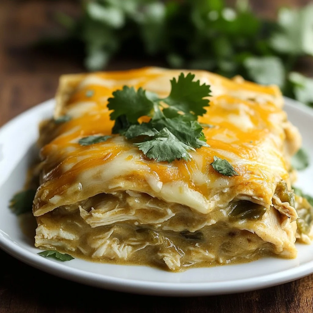 Delicious green chile chicken enchilada casserole topped with cheese and garnished with cilantro