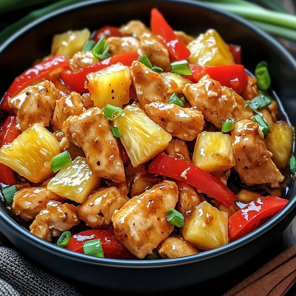 Quick and easy pineapple chicken stir-fry dish served in a bowl