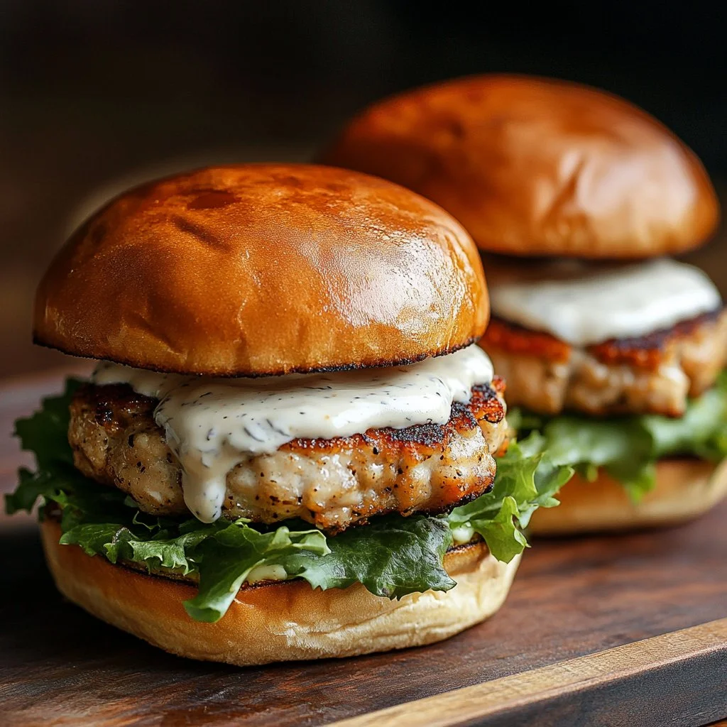 Ranch ground chicken burger served with fresh toppings on a plate