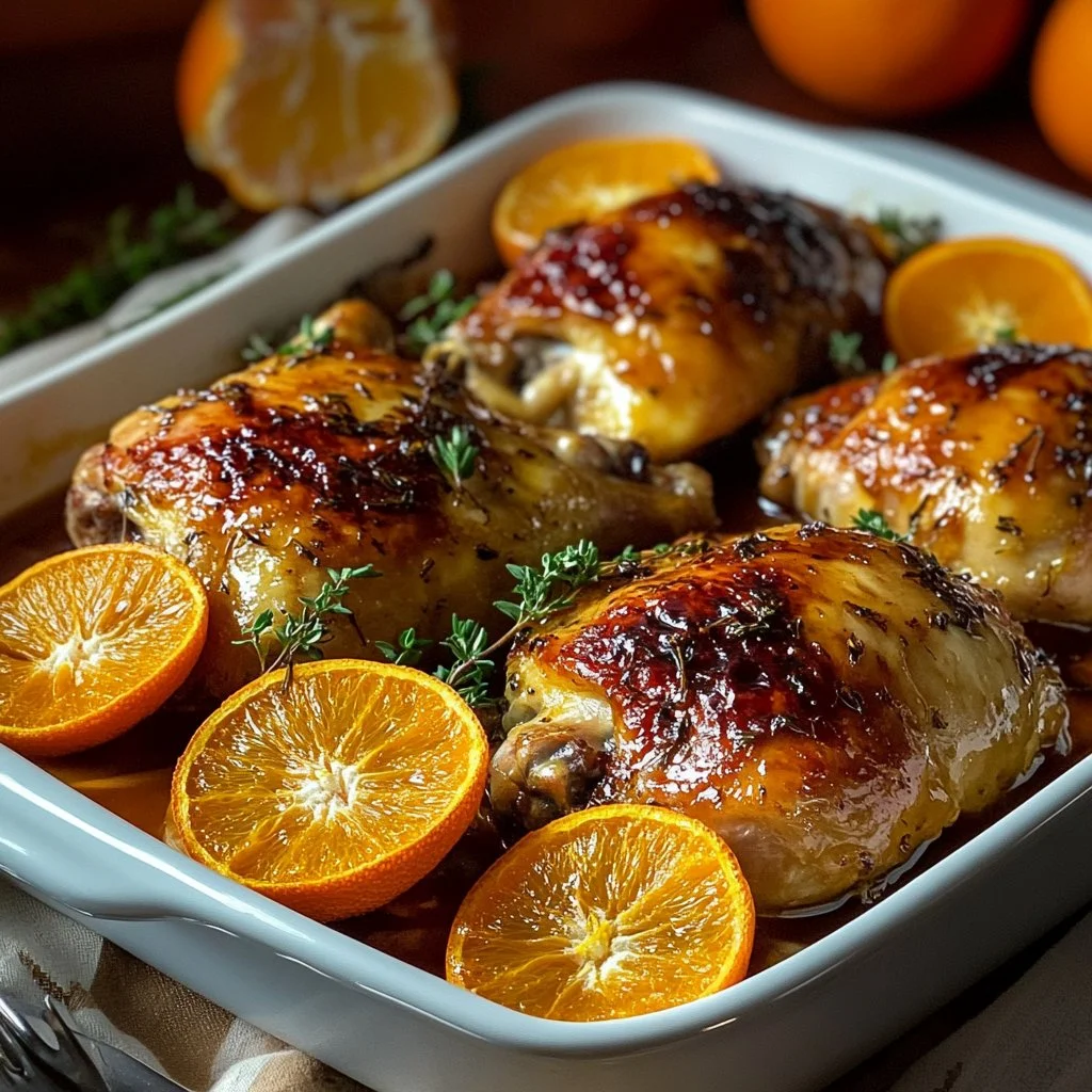 Delicious roasted orange chicken garnished with fresh herbs and citrus slices.