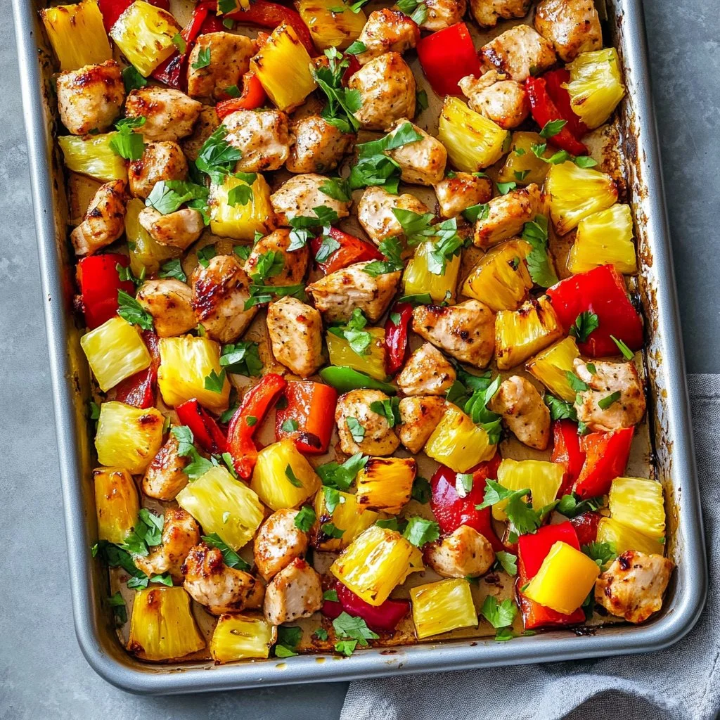 Delicious sheet pan Hawaiian chicken with vegetables on a baking tray