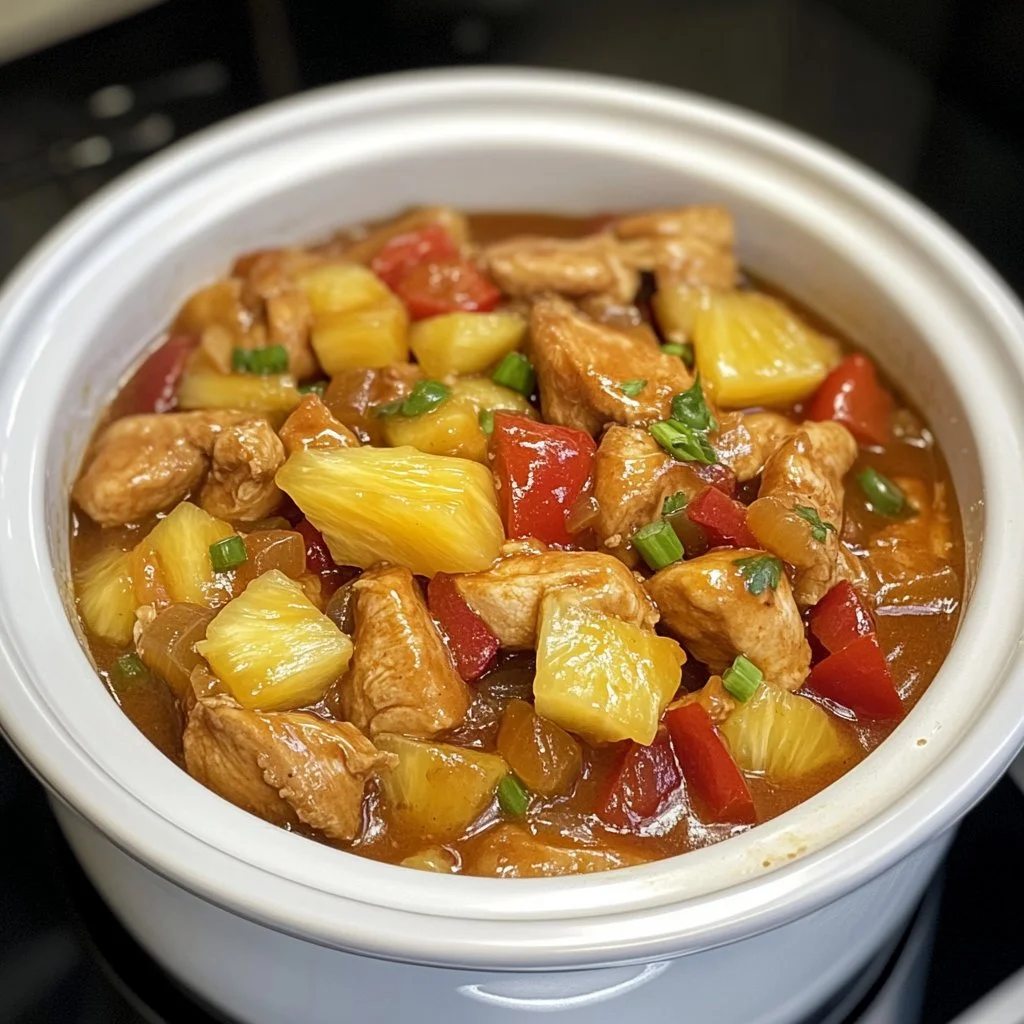 Delicious slow cooker pineapple chicken dish with vibrant colors and textures.