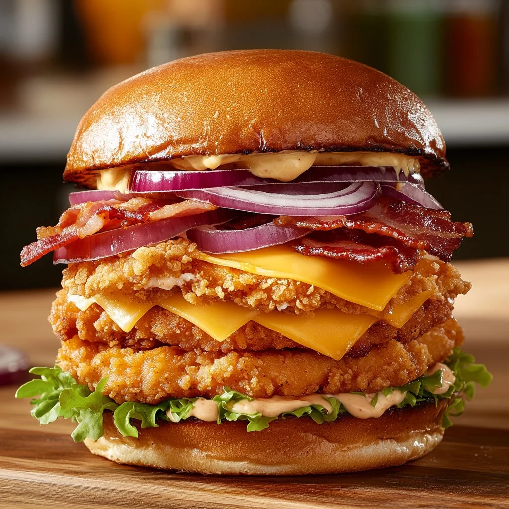 Delicious Smash Chicken Burger with toppings and sides