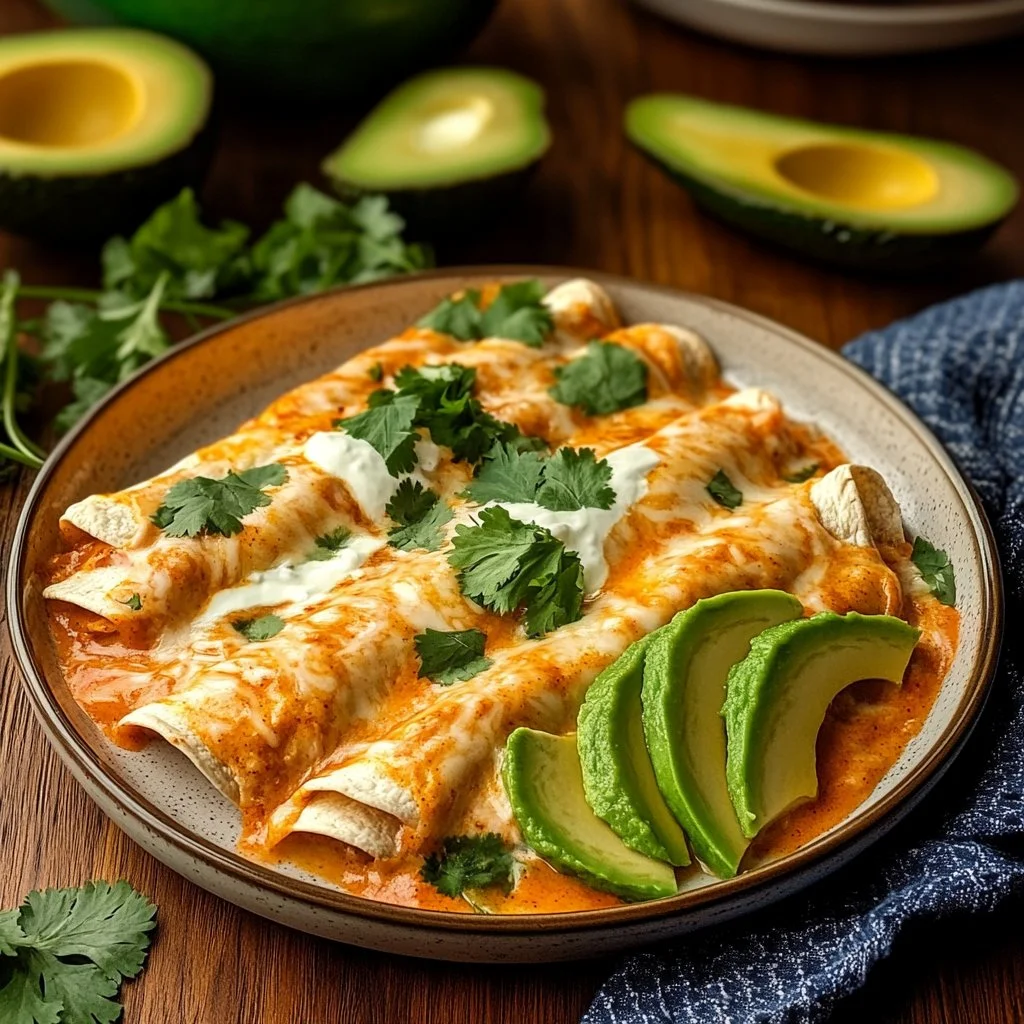 Delicious sour cream chicken enchiladas served on a plate with garnishes