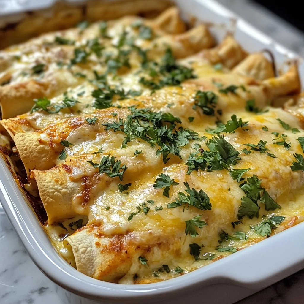 Creamy sour cream chicken enchiladas topped with cheese and cilantro