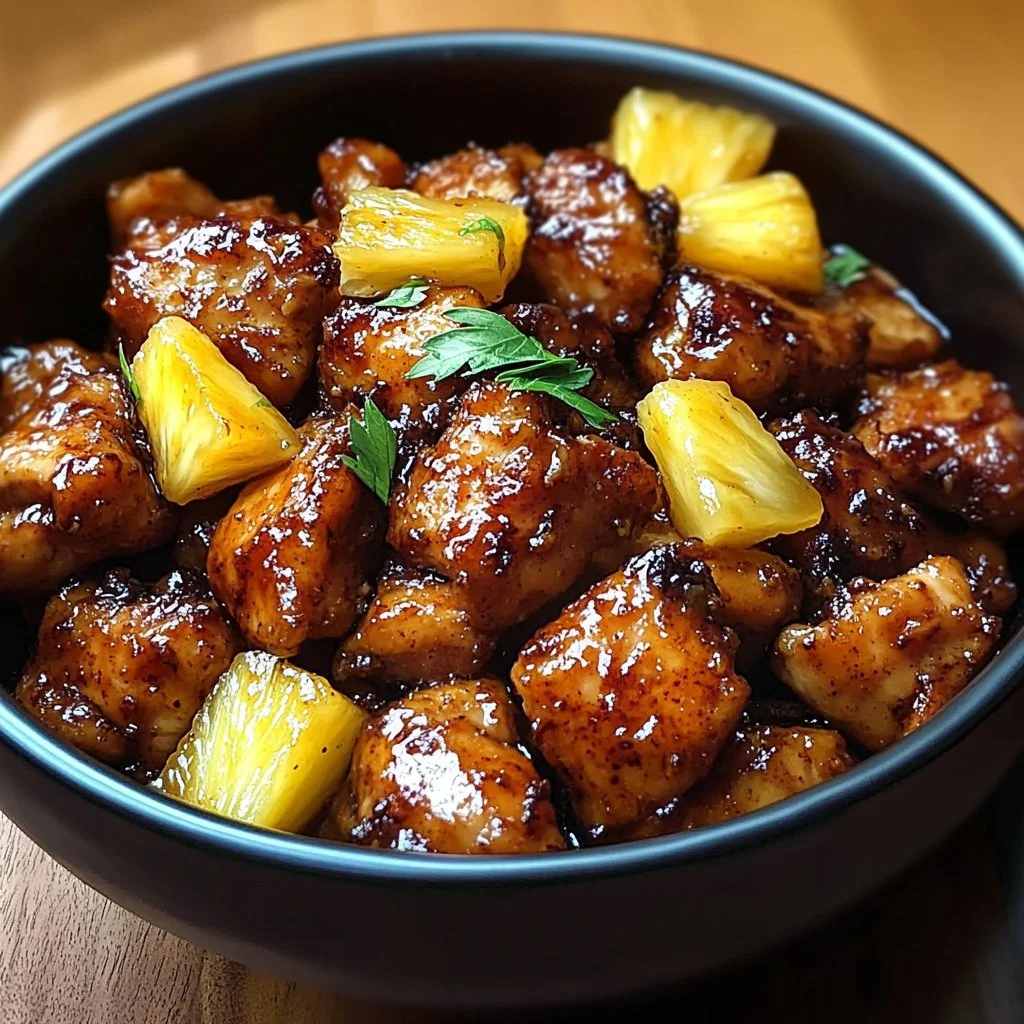 Spicy Pineapple Brown Sugar Chicken dish garnished with fresh herbs