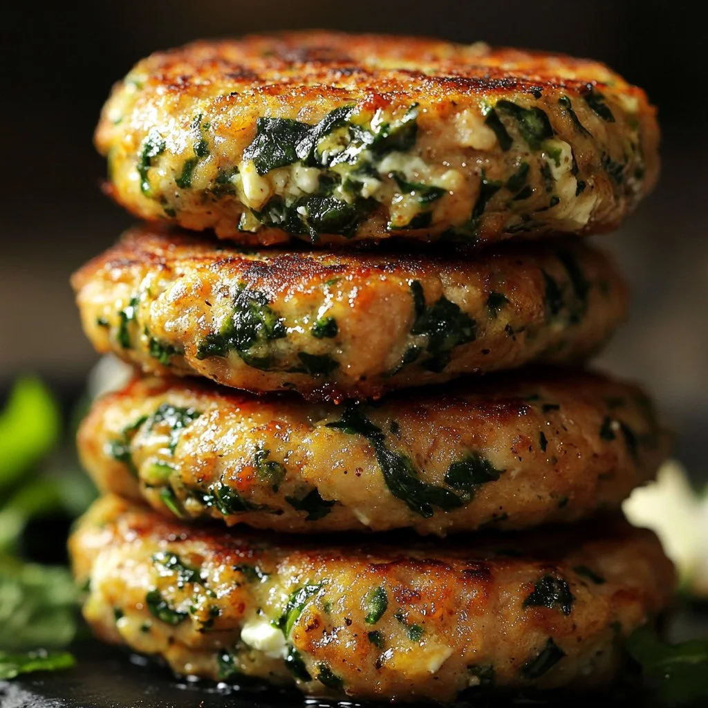 Delicious spinach feta turkey burgers on a grill ready to serve.