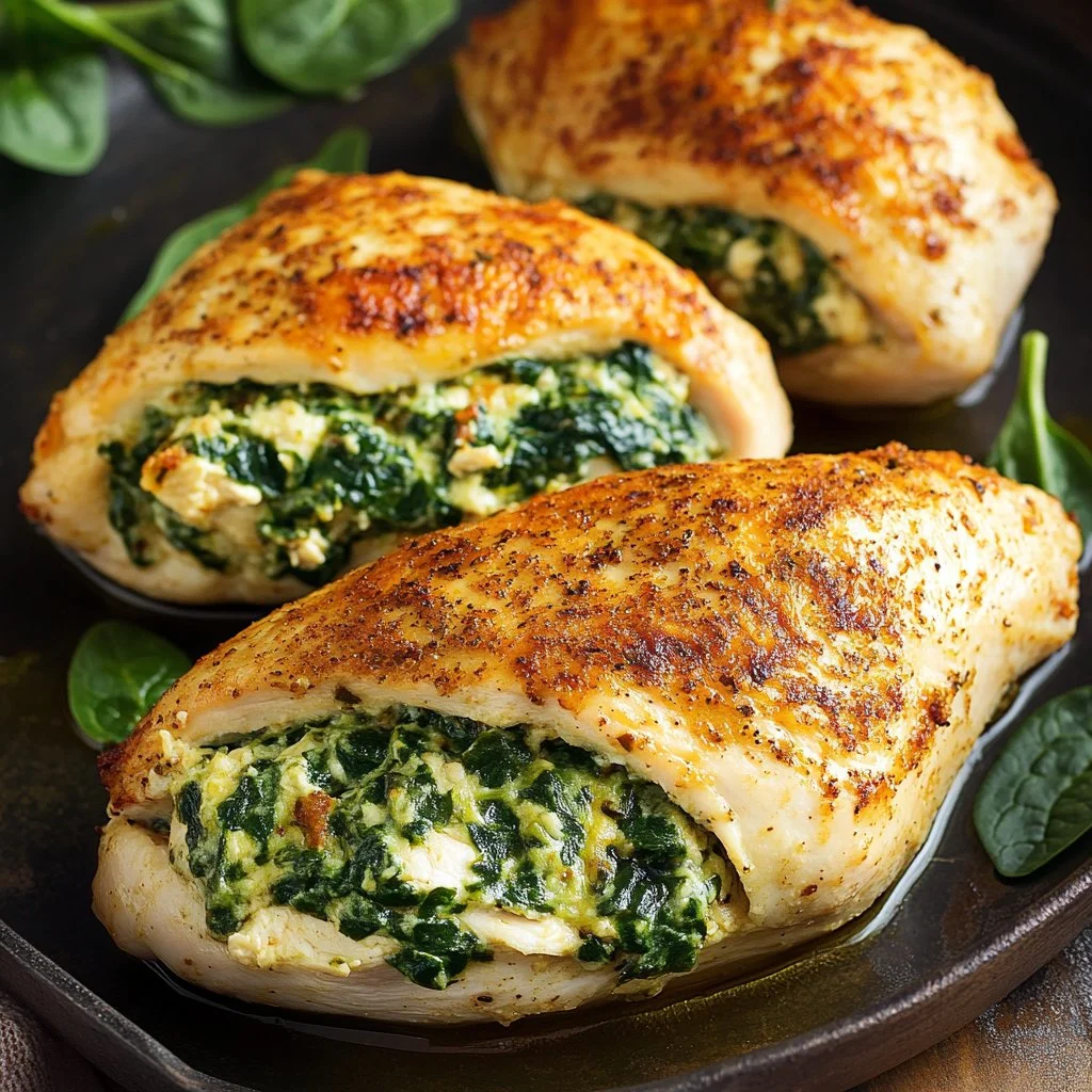 Spinach stuffed chicken breasts served on a plate with vegetables.