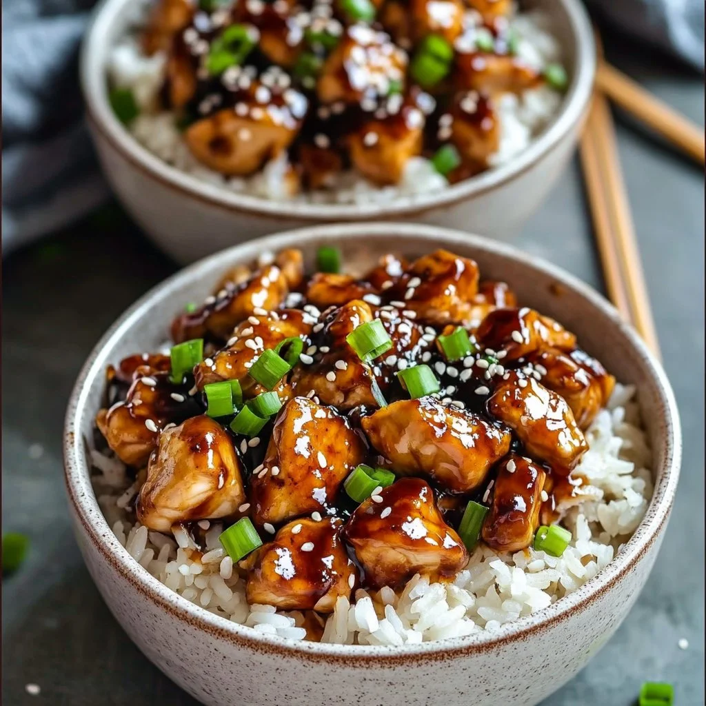 Delicious sticky chicken rice bowls with tender chicken and vibrant vegetables.