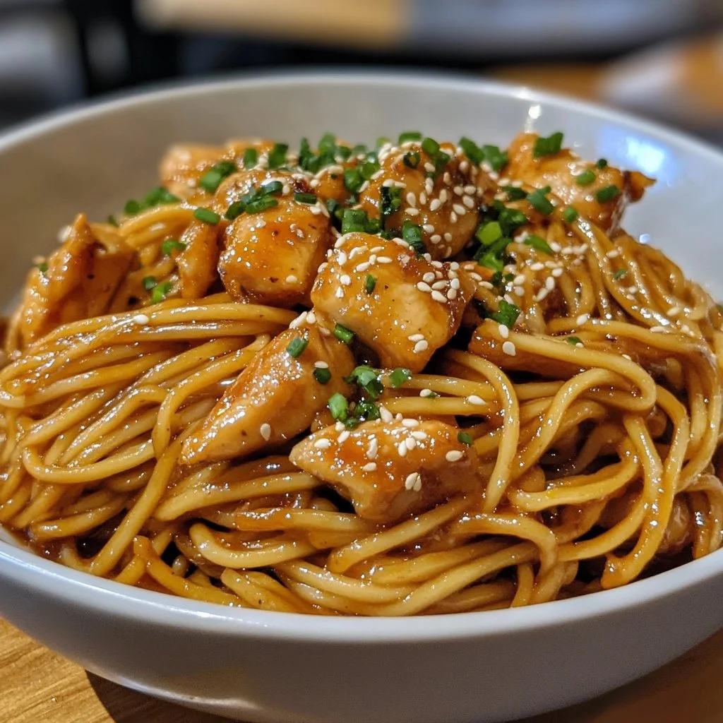 Delicious sticky garlic chicken noodles served in a bowl with fresh herbs.
