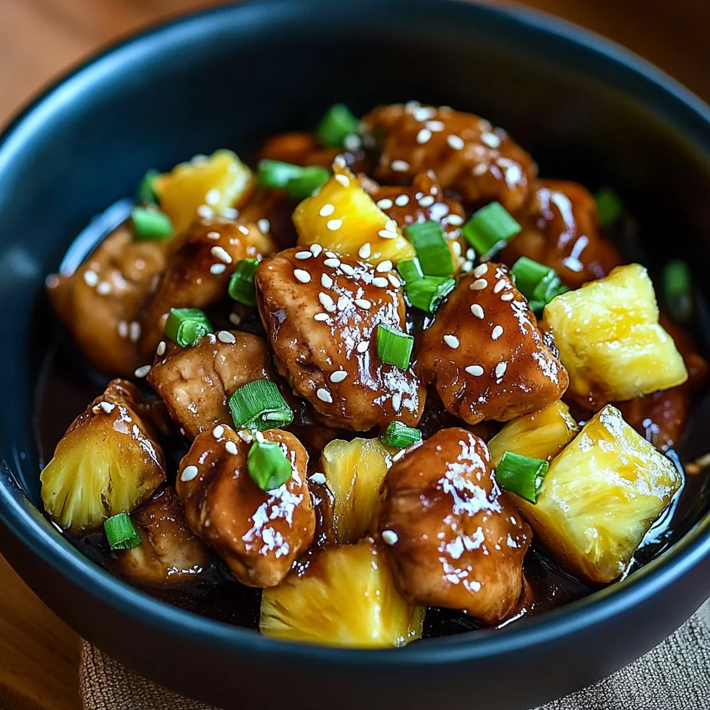 Sticky teriyaki chicken with pineapple served on a plate.