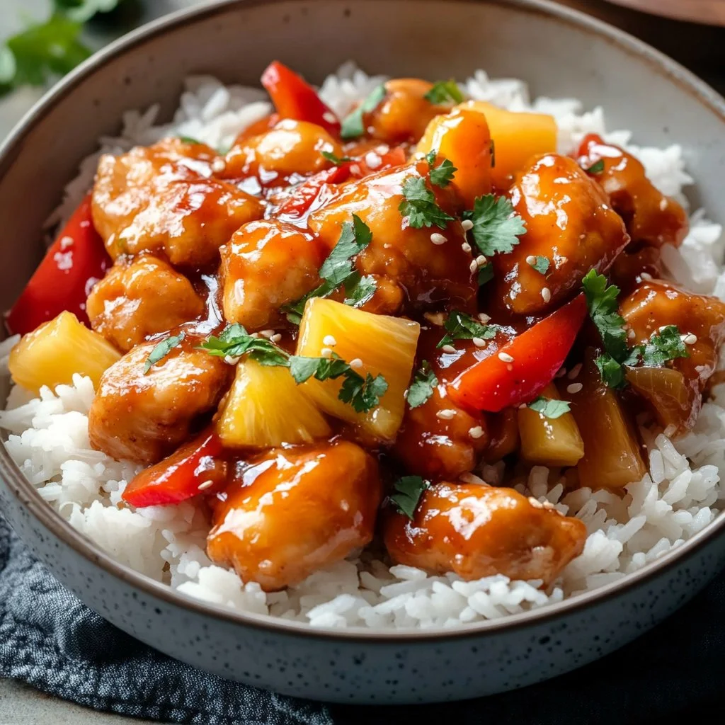 Delicious Sweet and Sour Pineapple Chicken dish served with colorful vegetables